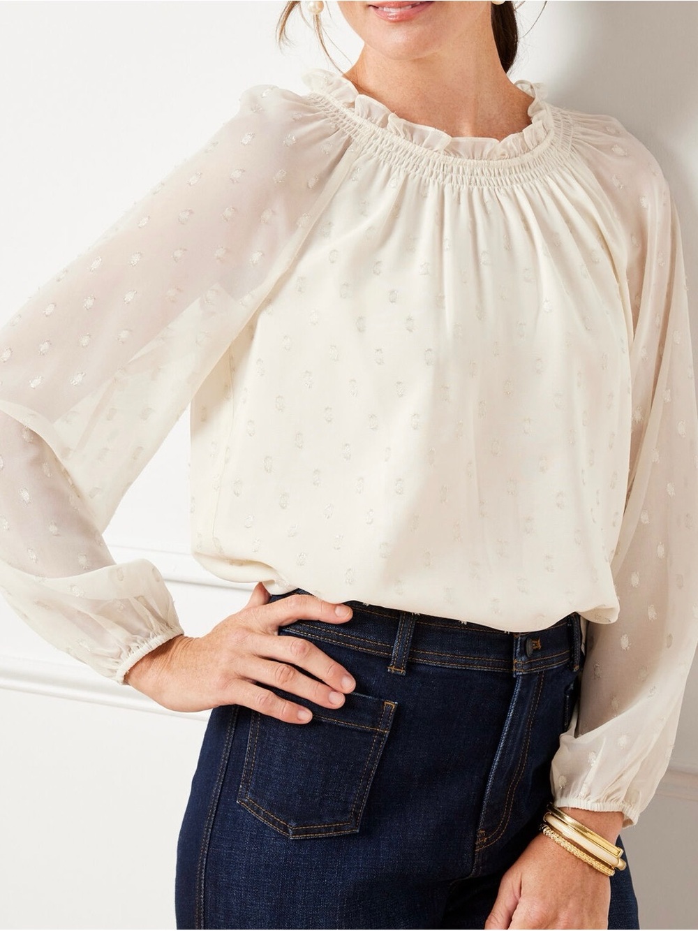Talbots Smocked Metallic Dot Blouse in Offwhite